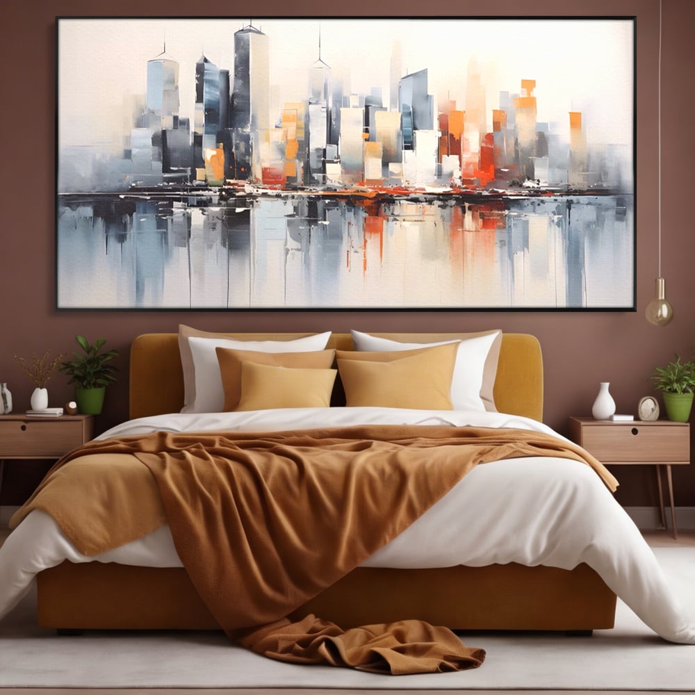Tablou canvas cu tablou canvas cu peisaj urban abstract, in rama de aluminiu negru, pe perete intr-un dormitor